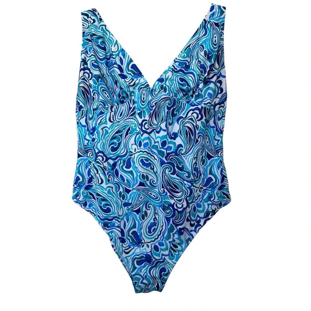 VENUS Maldives Plunge One Piece Swimsuit in Blue and White Pattern